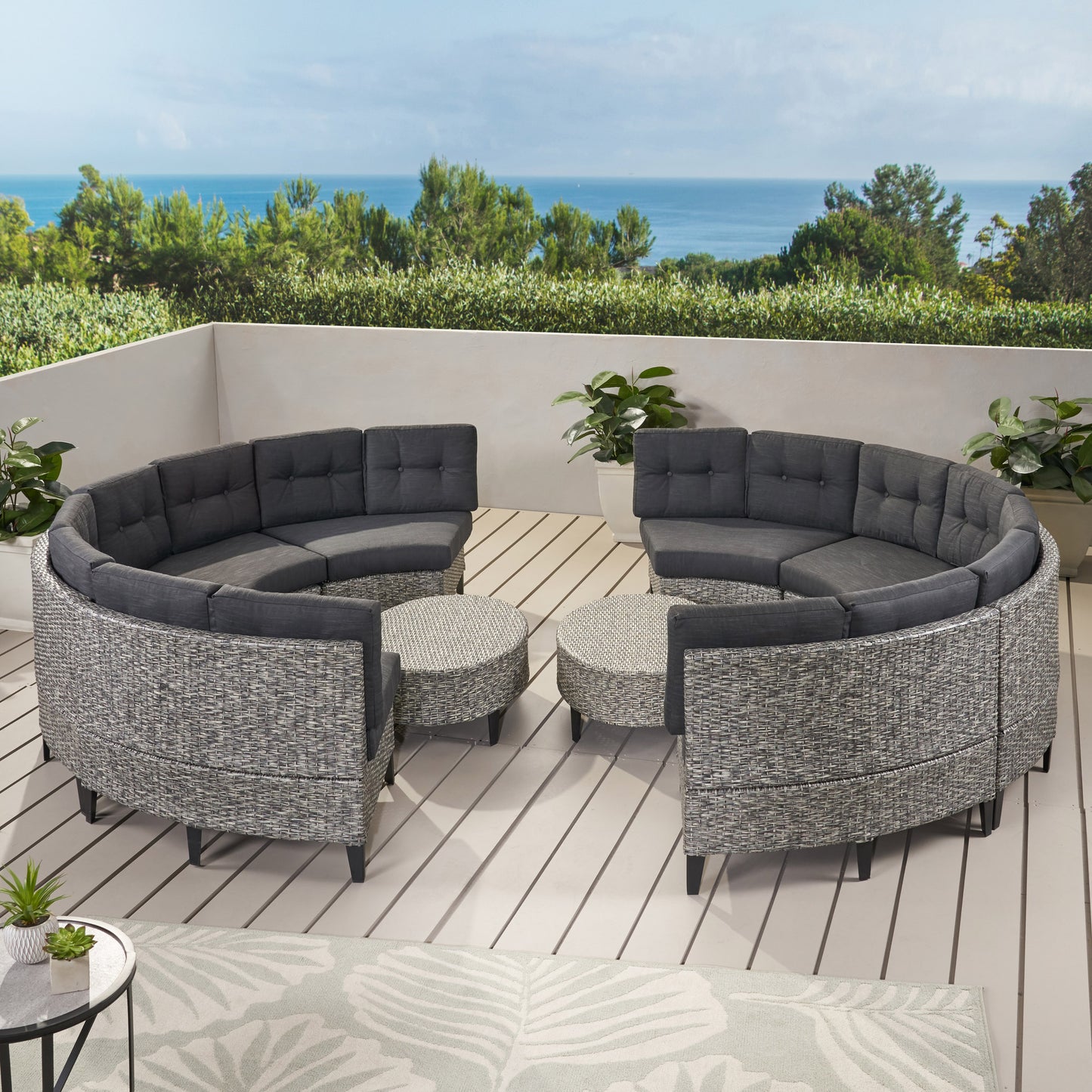 Currituck Outdoor 10 Piece Mixed Black Wicker Sofa Set with Dark Grey Water Resistant Fabric Cushions