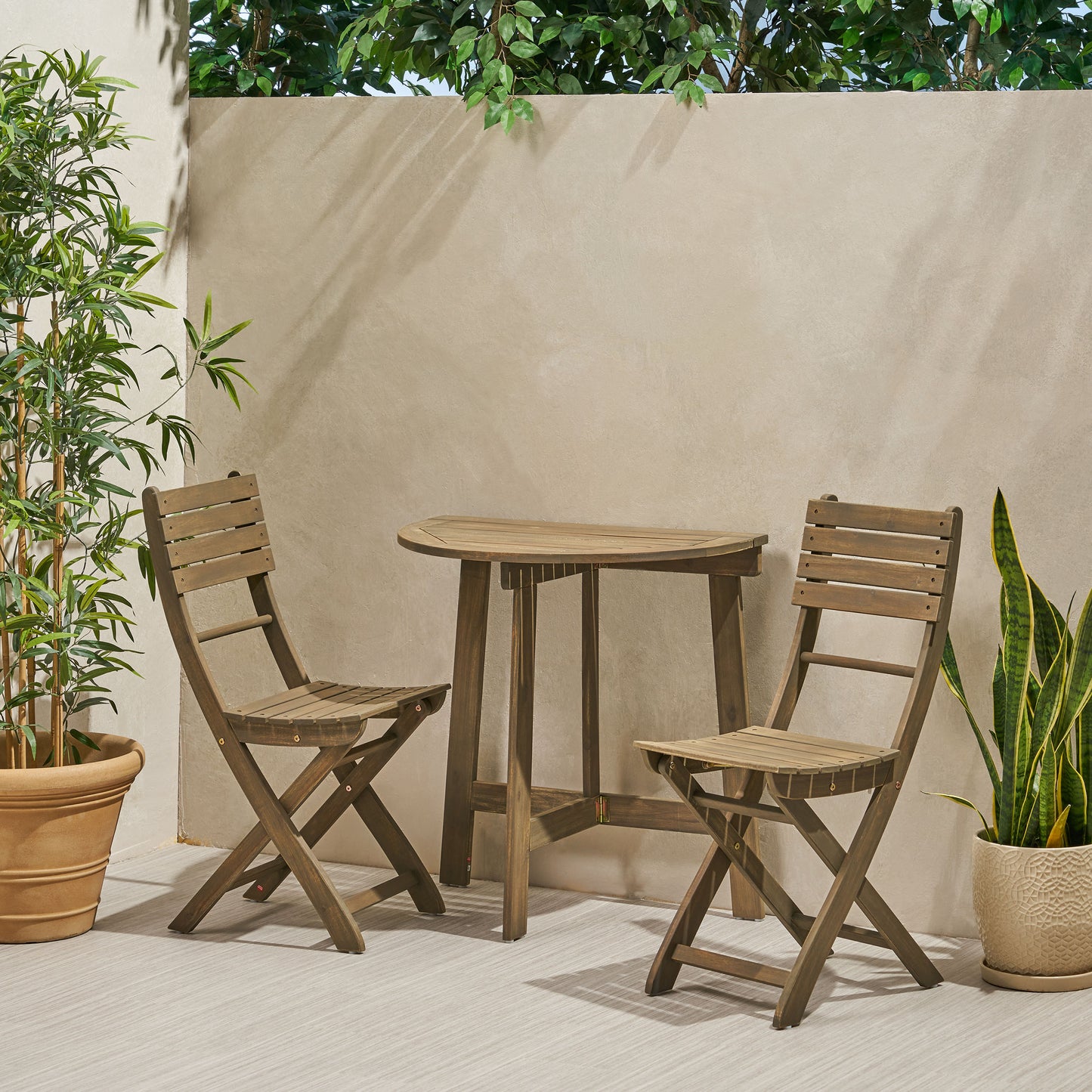 Sophia Outdoor 2 Seater Half-Round Acacia Wood Bistro Table Set with Folding Chairs