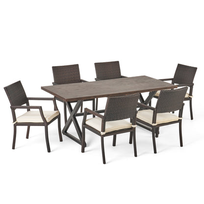 Alania Outdoor 7 Piece Aluminum Dining Set with Wicker Dining Chairs