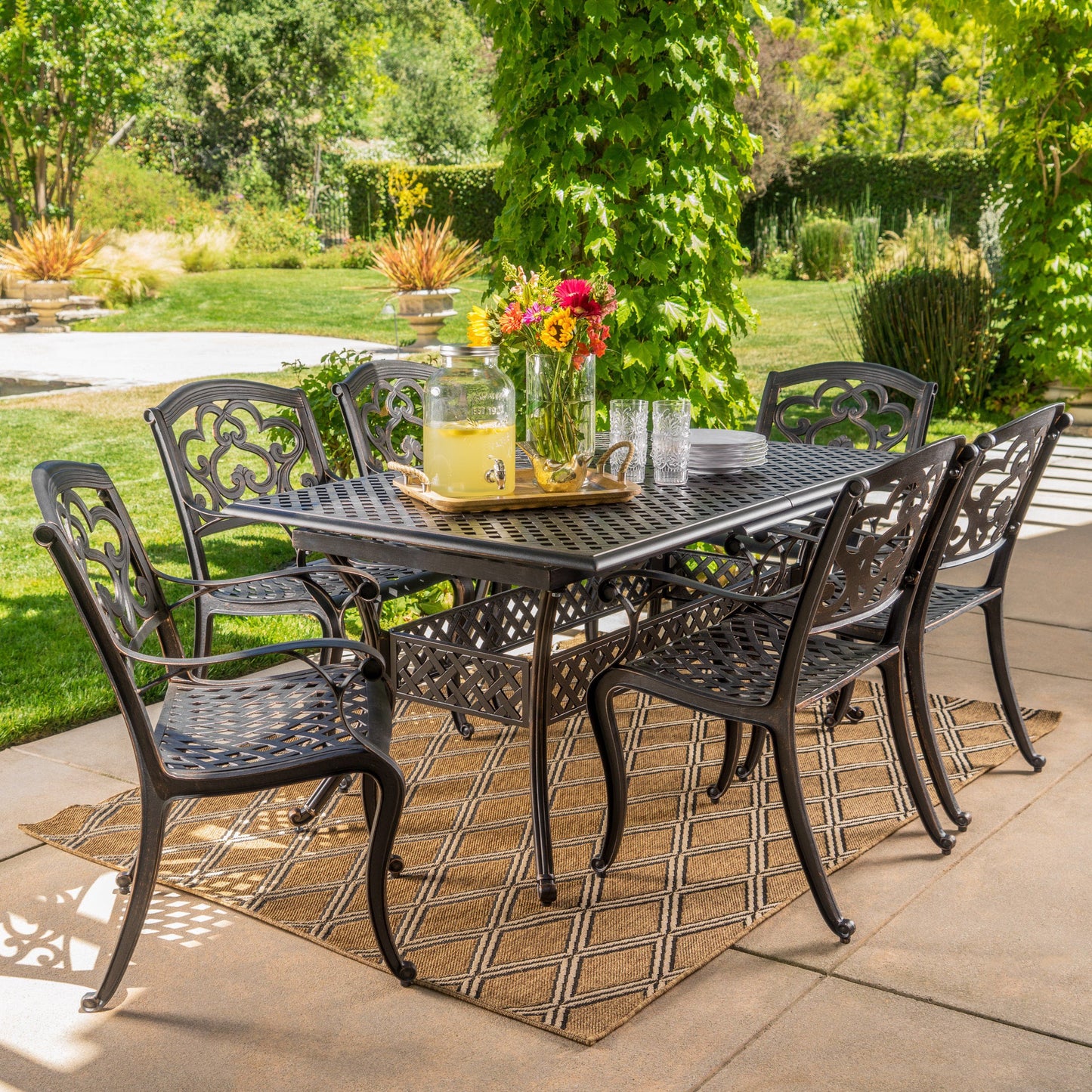 Ariel Outdoor 7 Pc Cast Aluminum Dining Set with Extension Leaf