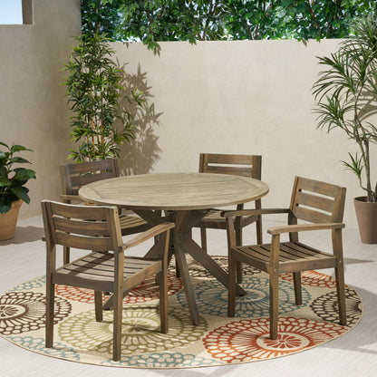 Zack Outdoor 5 Piece Acacia Wood Dining Set with Round Table, Gray Finish