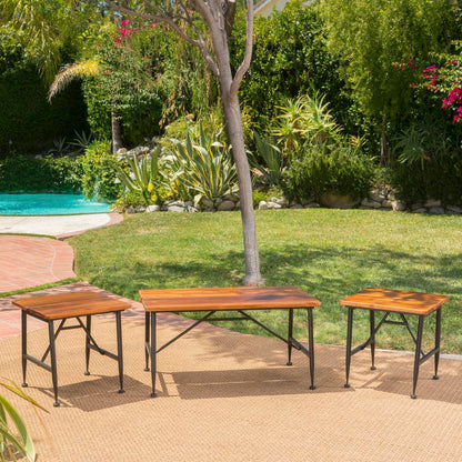 Ellaria Outdoor Rustic Industrial Acacia Wood Coffee Table and Accent Table Set with Metal Frame, Teak and Black