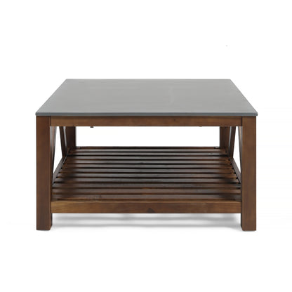 Patel Farmhouse Coffee Table With Faux Stone Top