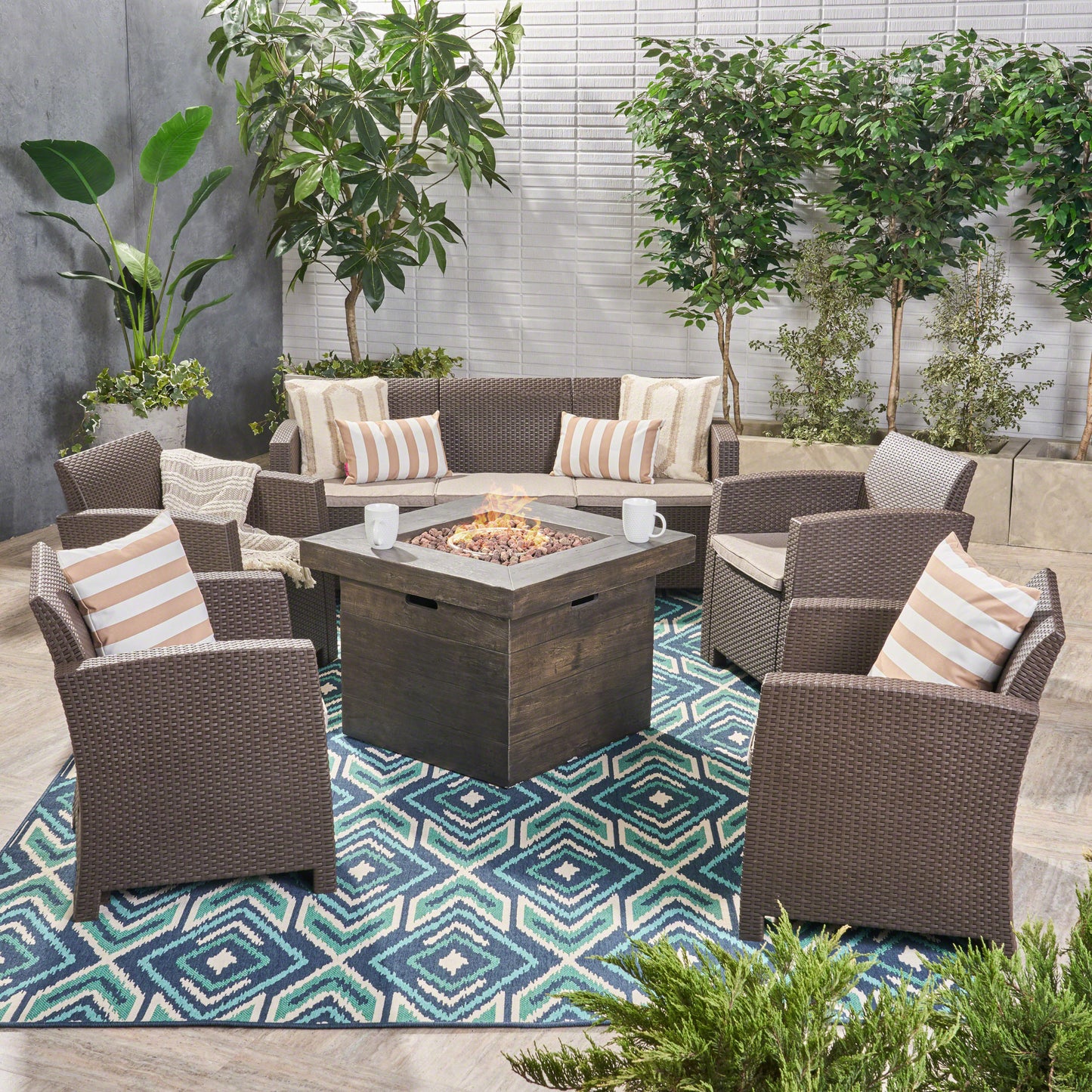 Peter Outdoor 7-Seater Chat Set with Fire Pit