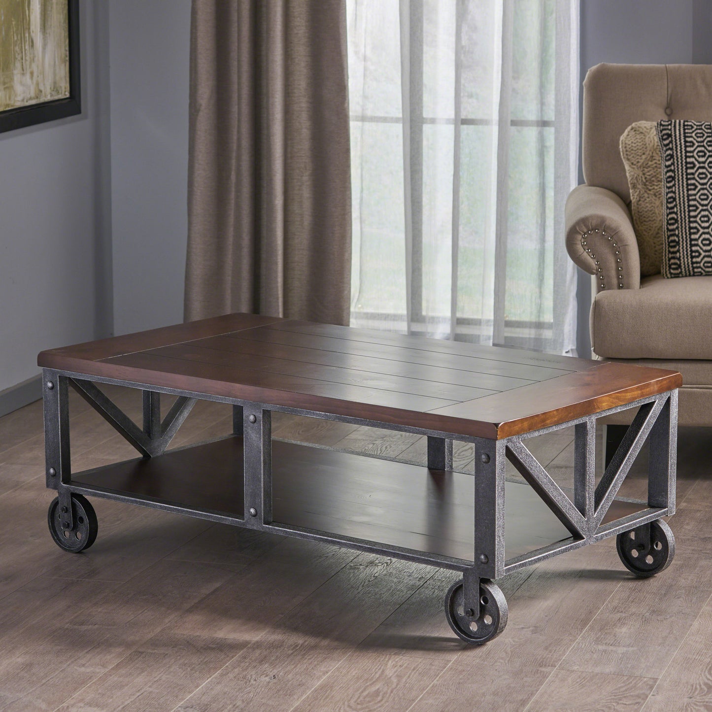Dresden Industrial Faux Wood Coffee Table with Antique Black Iron Frame