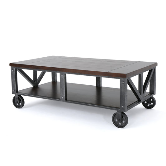 Dresden Industrial Faux Wood Coffee Table with Antique Black Iron Frame