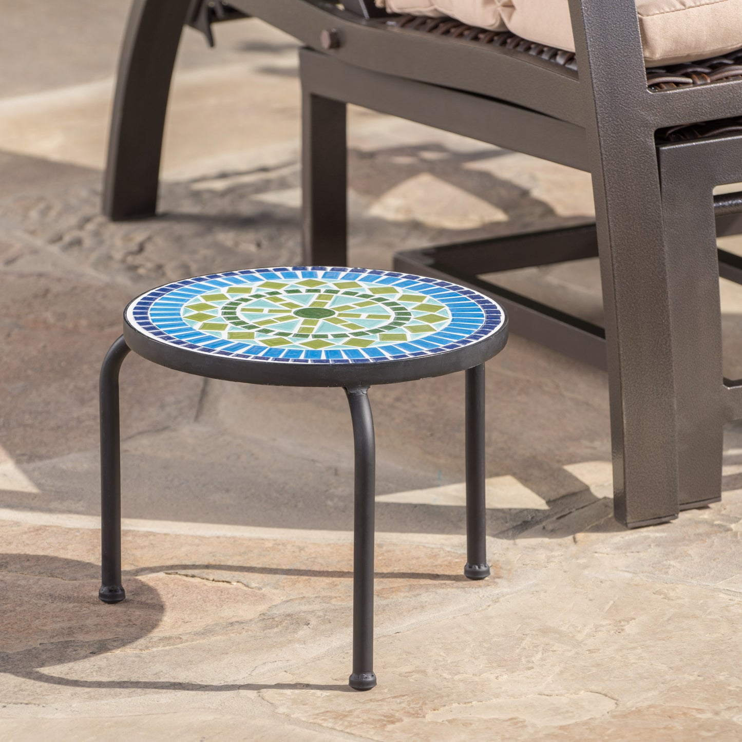 Isildur Outdoor Blue & Green Ceramic Tile Iron Frame Side Table