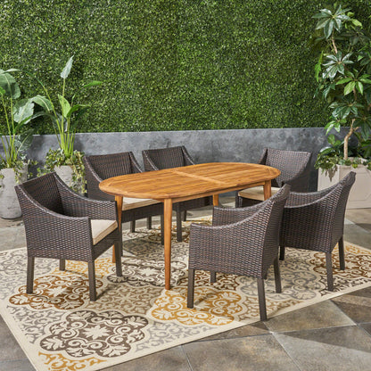 Stanford Outdoor 7-Piece Acacia Wood Dining Set with Wicker Chairs