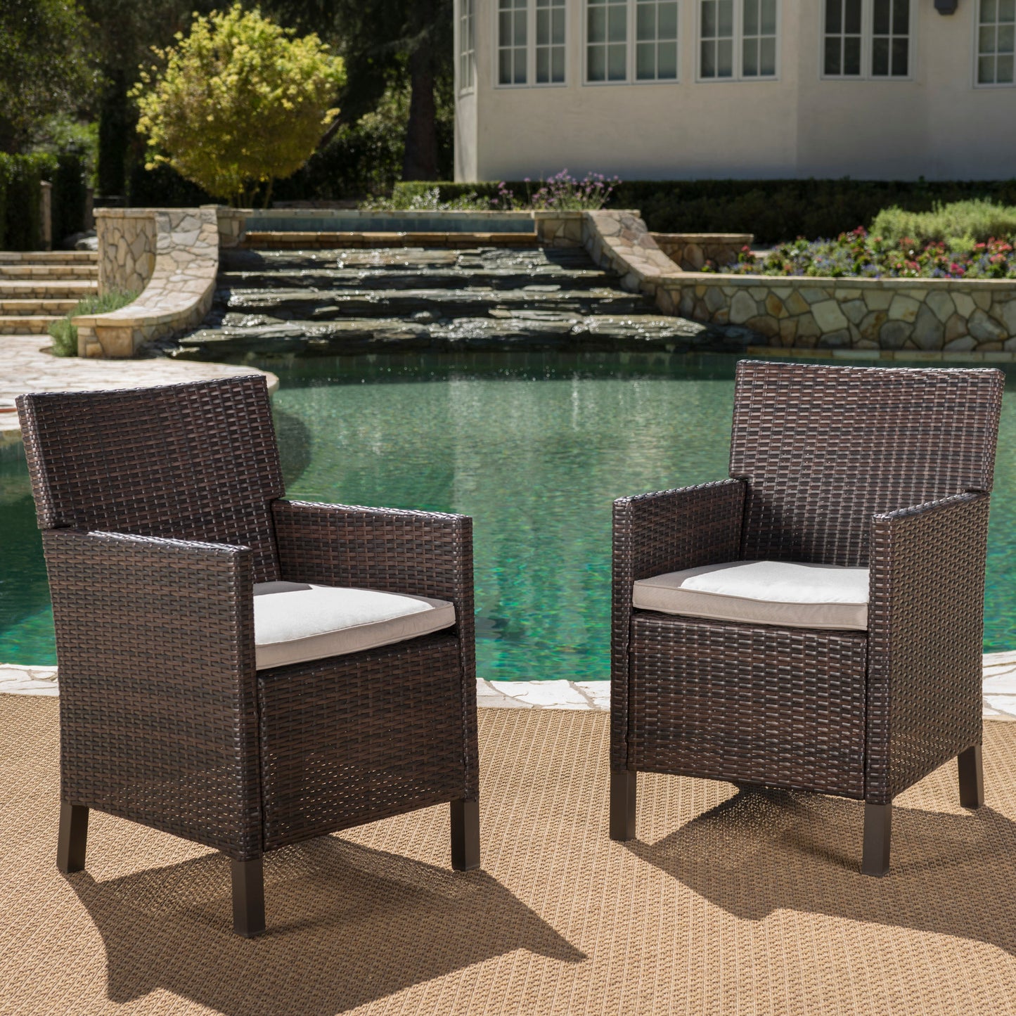 Cyrus Outdoor Wicker Dining Chairs with Water Resistant Cushions (Set of 2)
