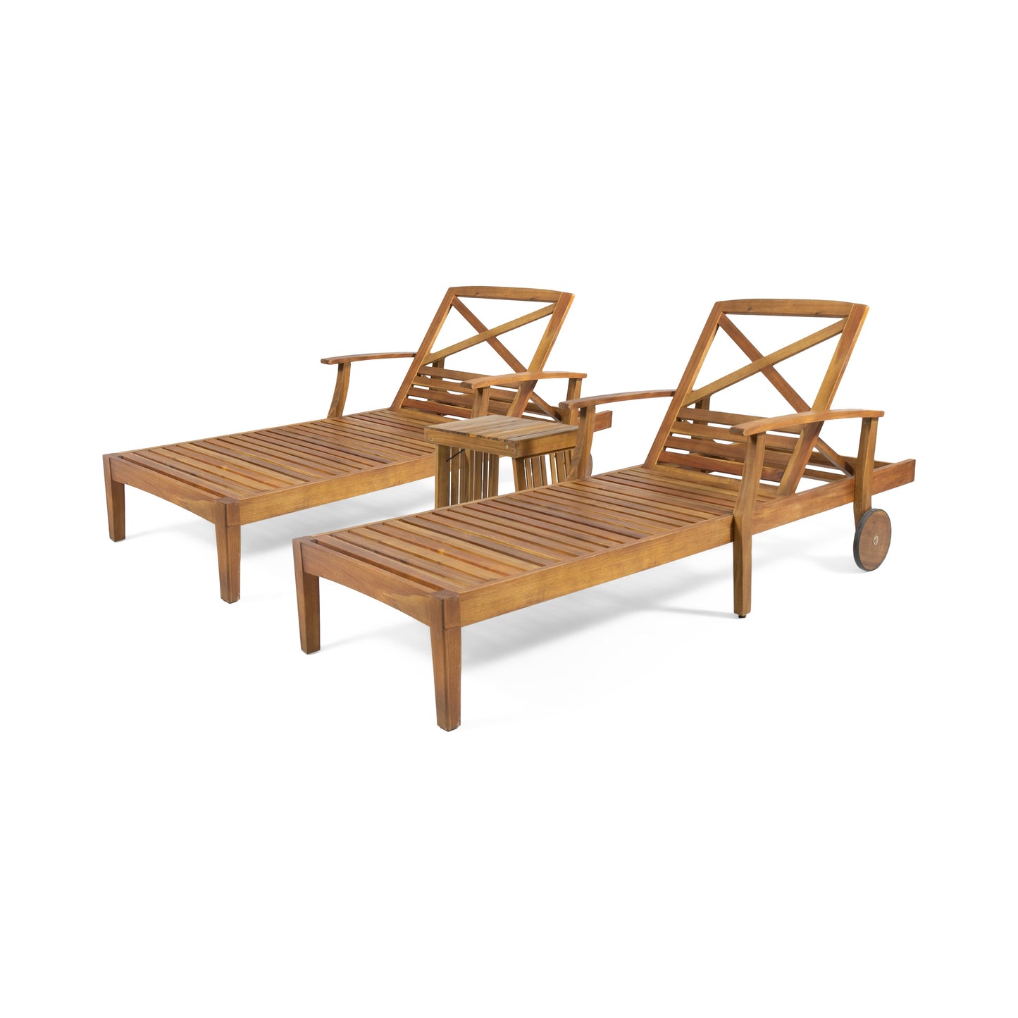 Capri Outdoor Acacia Wood 3 Piece Chaise Lounge Set