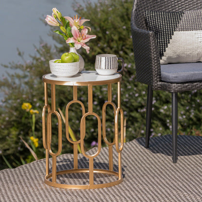 Madison Indoor/Outdoor Glam Faux Stone Side Table, White and Gold