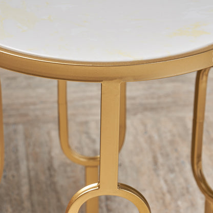 Madison Indoor/Outdoor Glam Faux Stone Side Table, White and Gold