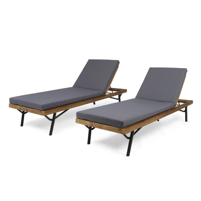 Eileen Outdoor Chaise Lounges, Acacia Wood and Eucalyptus, Outdoor Cushions, Teak, Rustic Metal, Dark Gray (Set of 2)