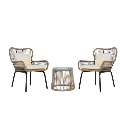 Karen Patio Conversation Set, 2-Seater with Accent Table, Iron and Rope with Water-Resistant Cushions