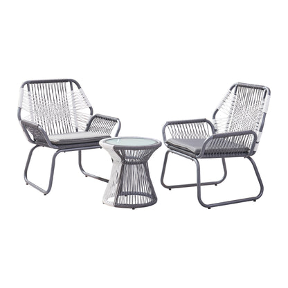 Connie Outdoor 3 Piece Rope and Steel Chat Set, Gray Finish and White