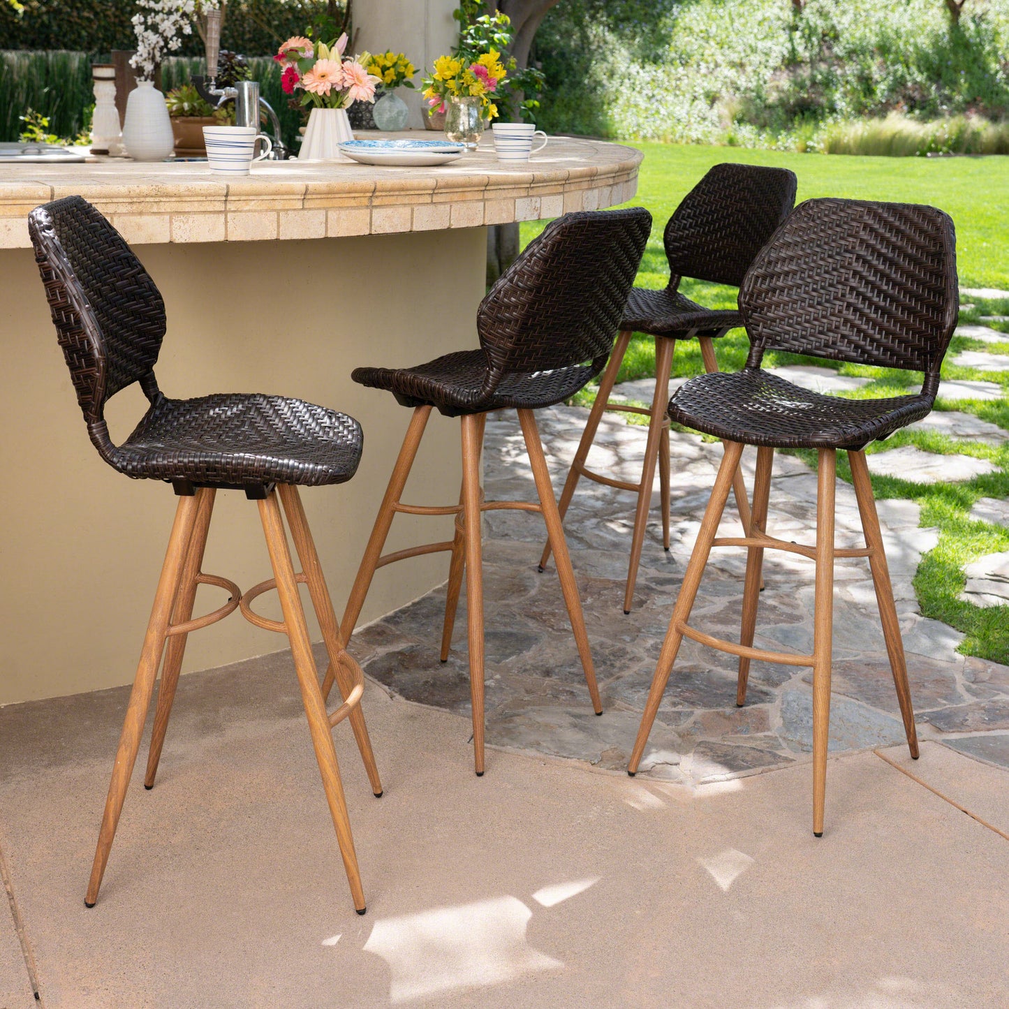 Amaya Outdoor Multi-brown Wicker Barstools with Brown Wood Finish Metal Leg