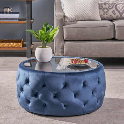 Ivy Glam Velvet and Tempered Glass Coffee Table Ottoman
