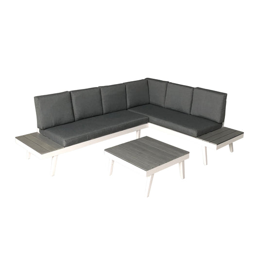 Taylor Outdoor Aluminum Sofa Sectional with Faux Wood Accents, White and Gray