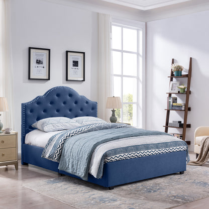 Gentry Contemporary Button-Tufted Camelback Queen Bed Frame with Nailhead Trim