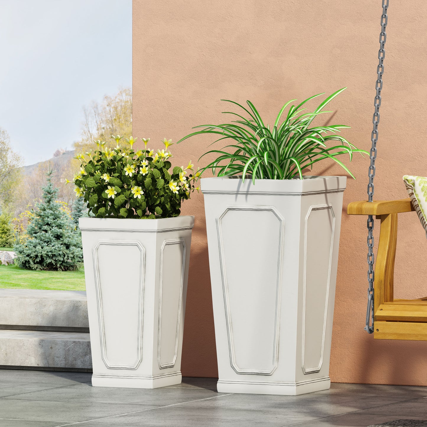 Greg Outdoor Medium and Large Cast Stone Tapered Planter Set, Antique White