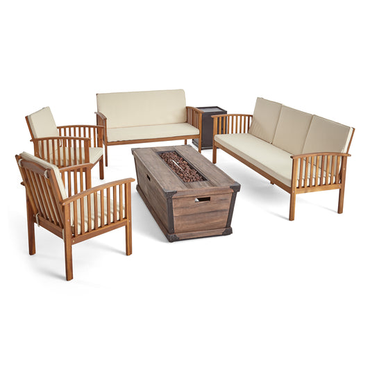 Beckley Outdoor 4 Piece Acacia Wood Conversational Set with Cushions and Fire Pit