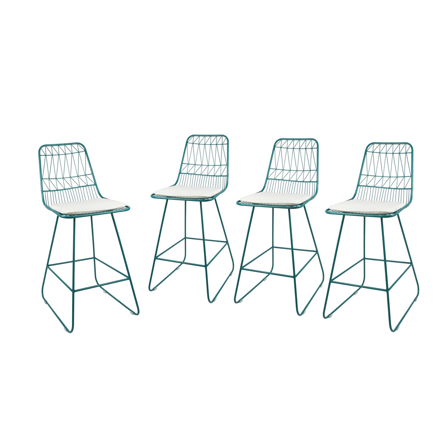 Ella Outdoor Wire Counter Stools with Cushions (Set of 4), Teal and Ivory