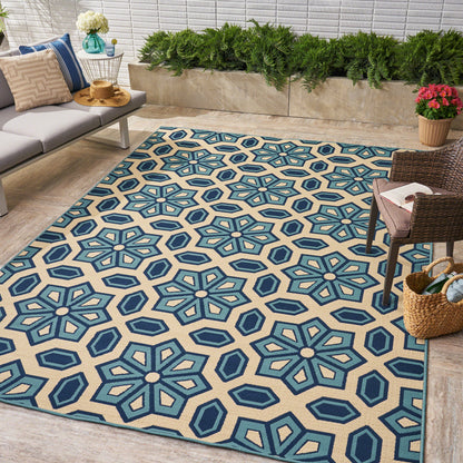 Jacobs Outdoor Geometric Floral Ivory and Blue Rectangular Area Rug