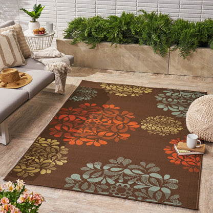 Sallie Outdoor Modern Brown Area Rug with Multi-Color Floral Print