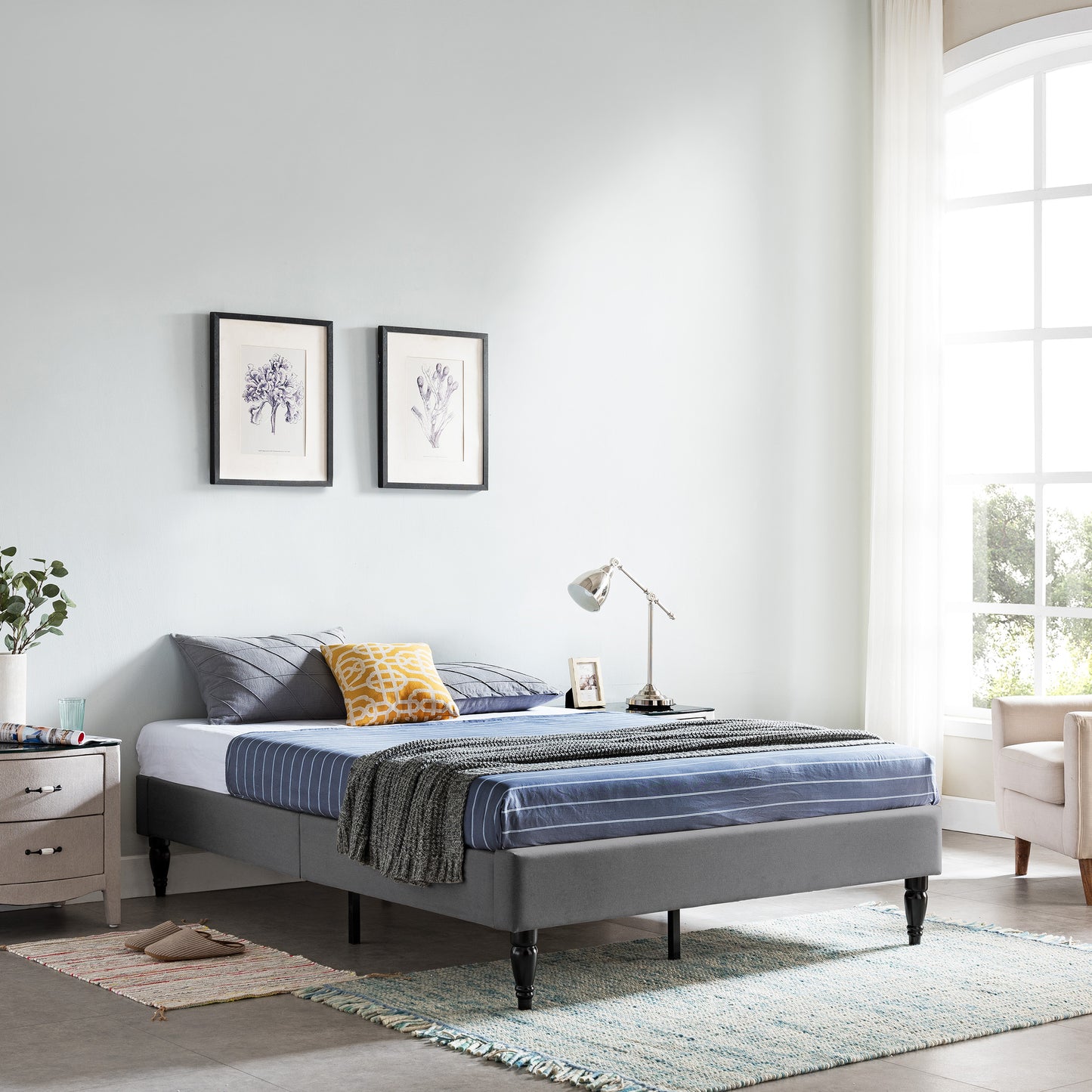 Luca Contemporary Upholstered Queen Bed Frame with Turned Legs