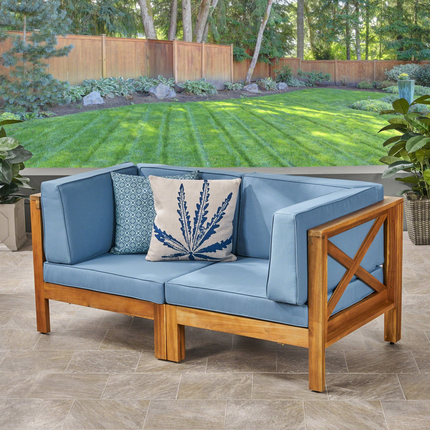 Brava Outdoor Modular Acacia Wood Loveseat with Cushions