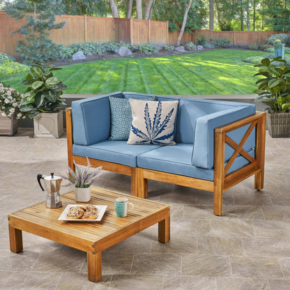 Brava Outdoor Modular Acacia Wood Sofa with Cushions and Coffee Table Set