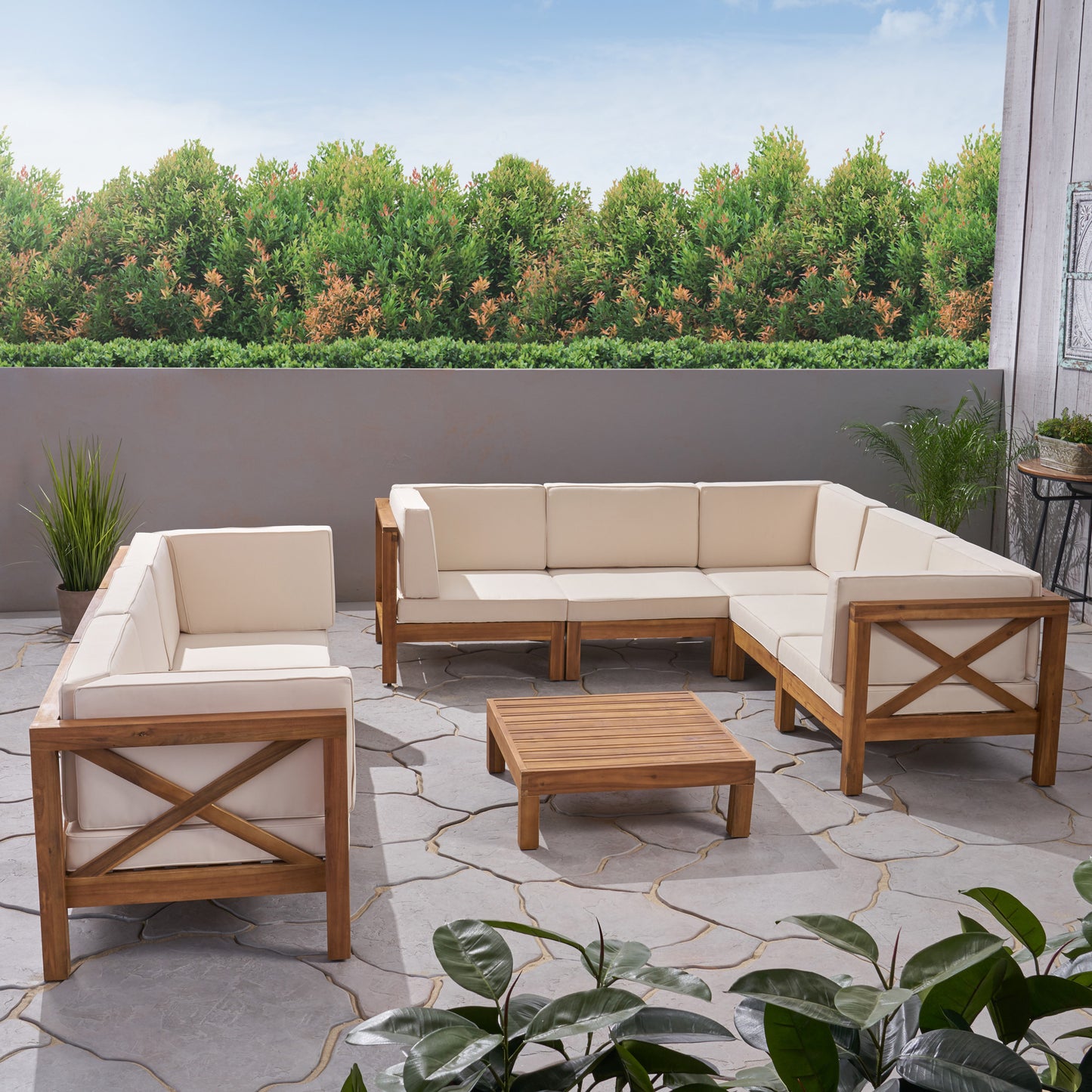 Cynthia Outdoor Acacia Wood 8 Seater Sectional Sofa Set with Coffee Table