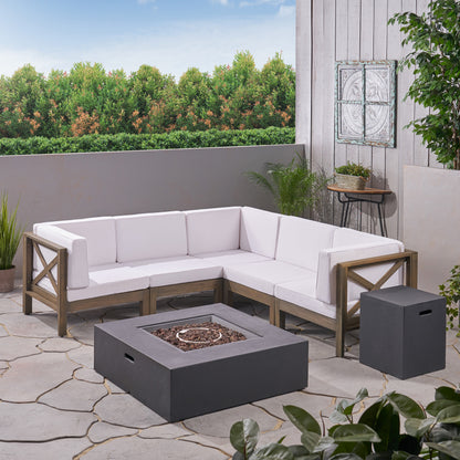 Cynthia Outdoor Acacia Wood 5 Seater Sectional Sofa Set with Fire Pit
