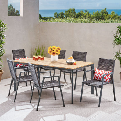 Severide Outdoor Modern 6 Seater Aluminum Dining Set with Eucalyptus Table Top