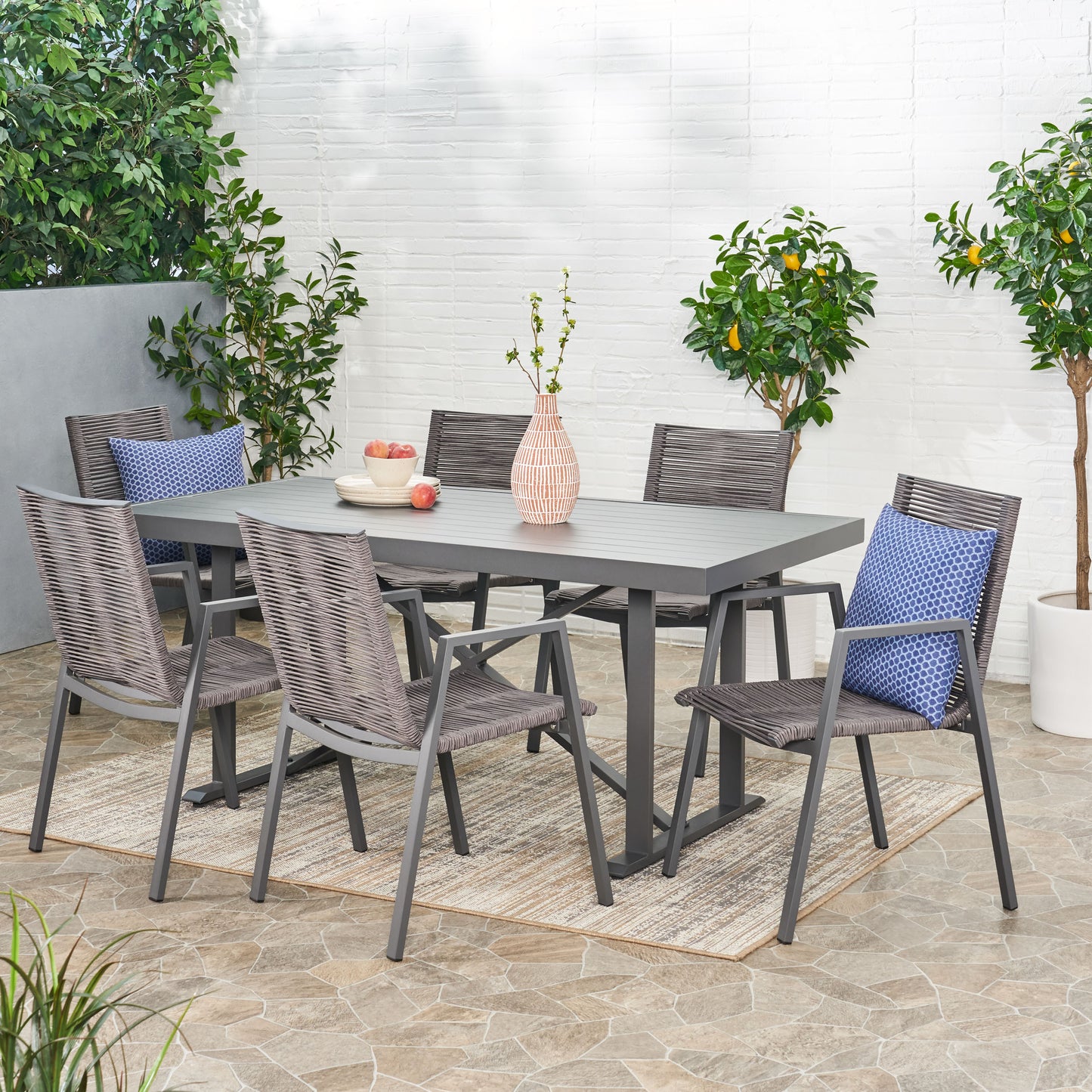 Hines Outdoor Modern Industrial Aluminum 7 Piece Dining Set with Rope Seating