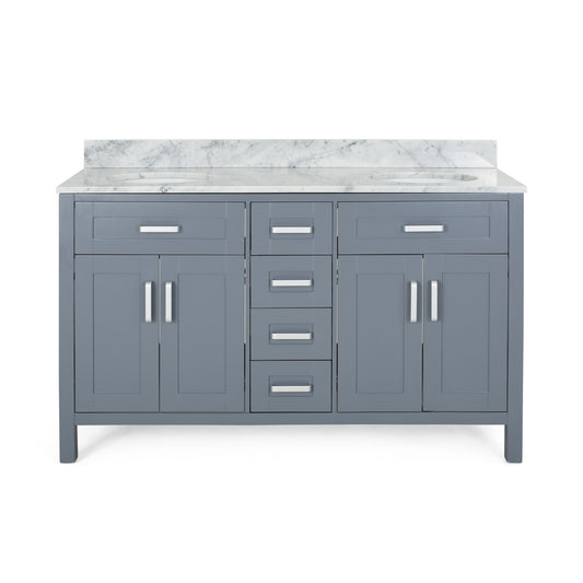 Greeley Contemporary 60" Wood Double Sink Bathroom Vanity with Marble Counter Top with Carrara White Marble