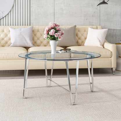 Tylenn Modern Iron Coffee Table with Round Tempered Glass Top, Silver