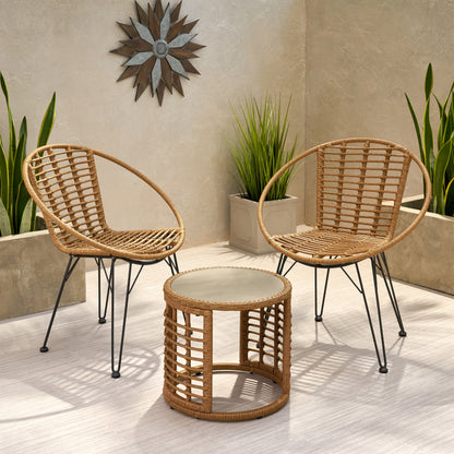 Zeferino Outdoor Modern Boho 2 Seater Wicker Chat Set with Side Table