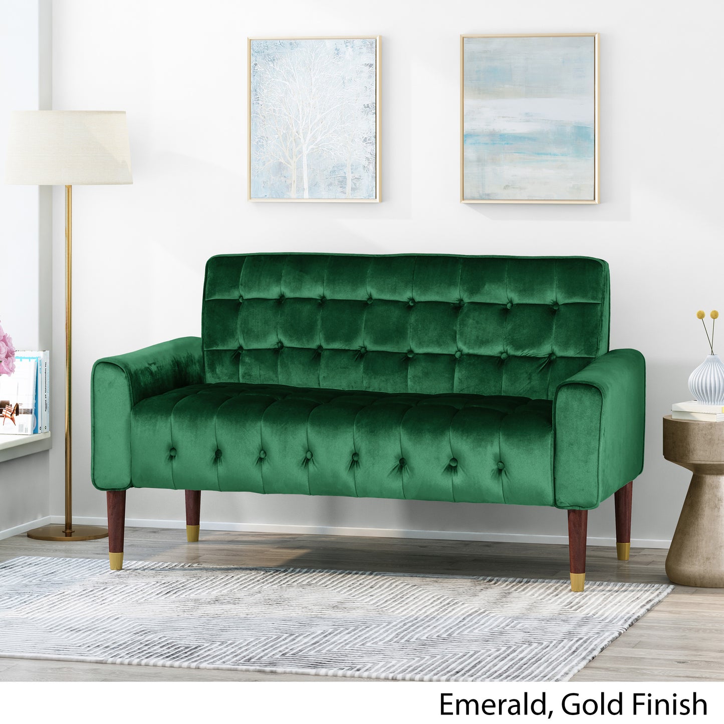 Aubrie Tufted Velvet Loveseat with Gold Tipped Tapered Legs