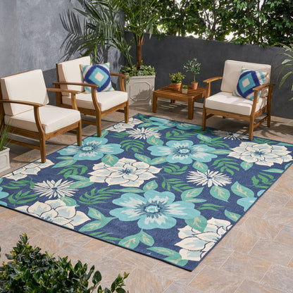 Truda Outdoor Floral Area Rug, Blue and Green