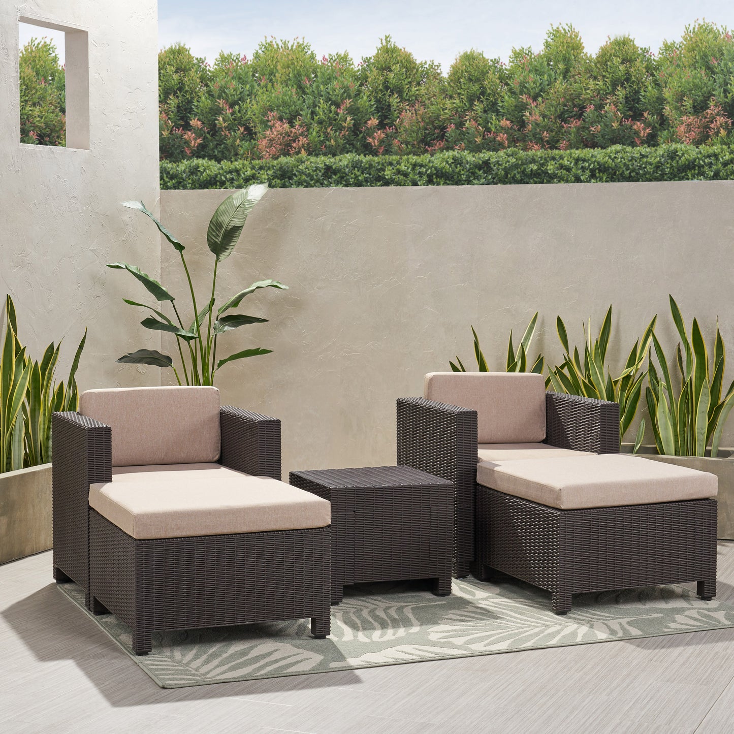 Riley Outdoor Wicker Print 2 Seater Chat Set with Ottomans