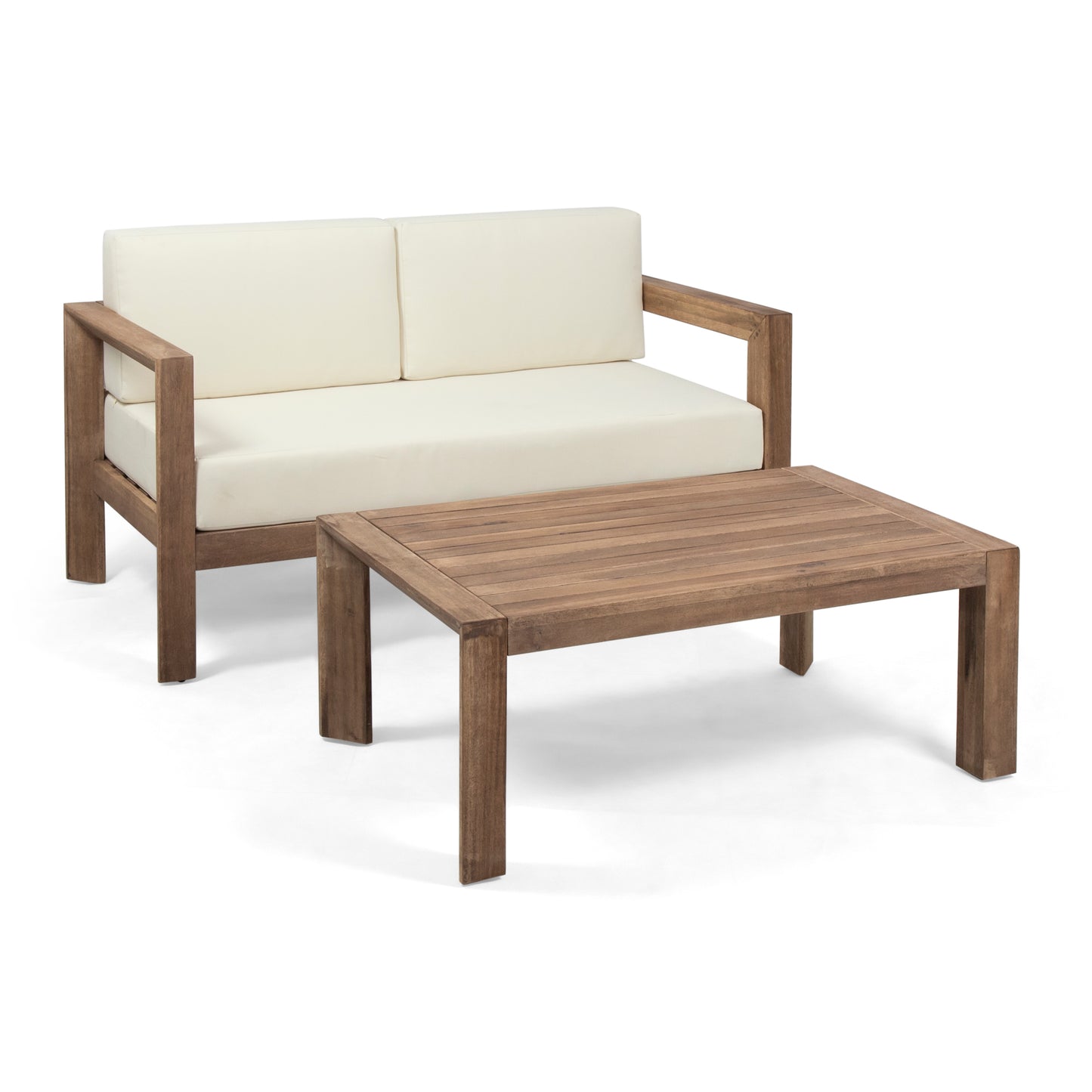 Lucia Outdoor 2 Seater Wooden Loveseat and Coffee Table Chat Set with Cushions, Beige and Brown Finish