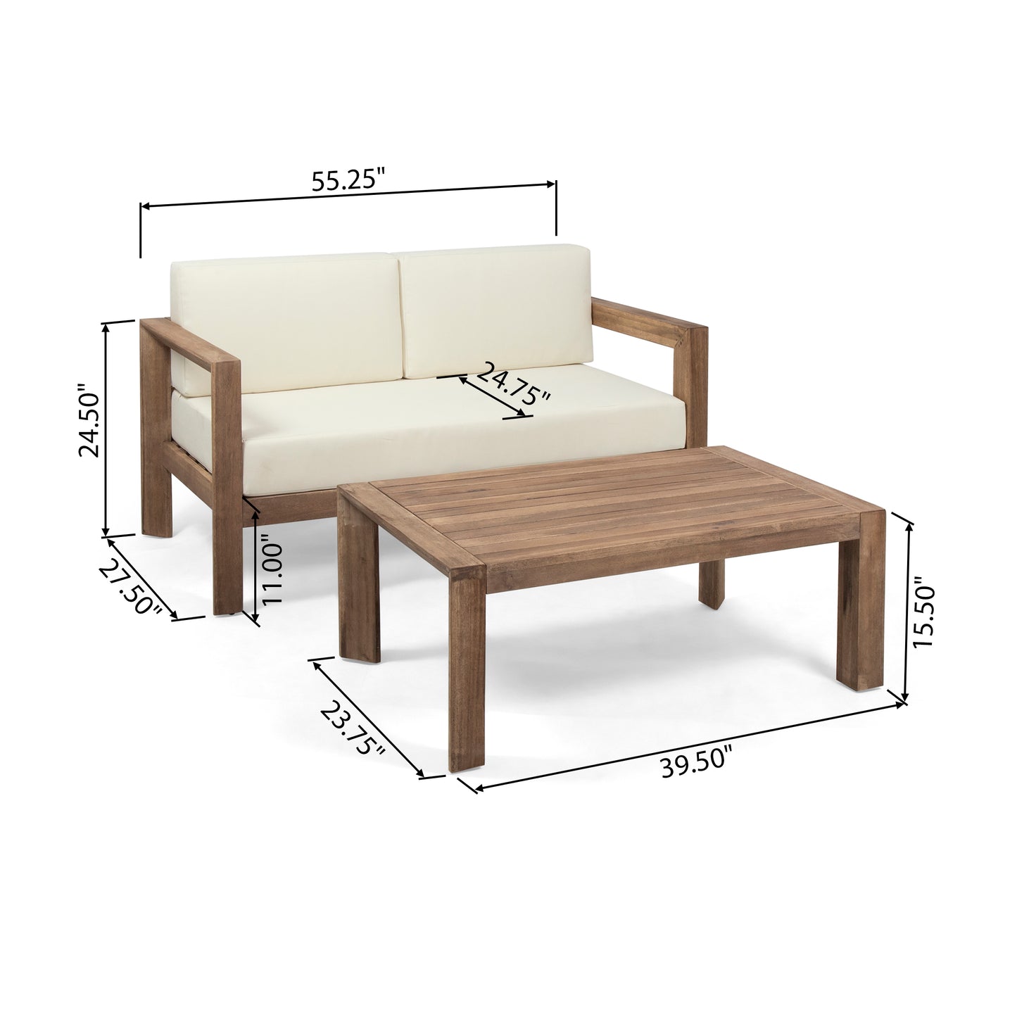 Lucia Outdoor 2 Seater Wooden Loveseat and Coffee Table Chat Set with Cushions, Beige and Brown Finish