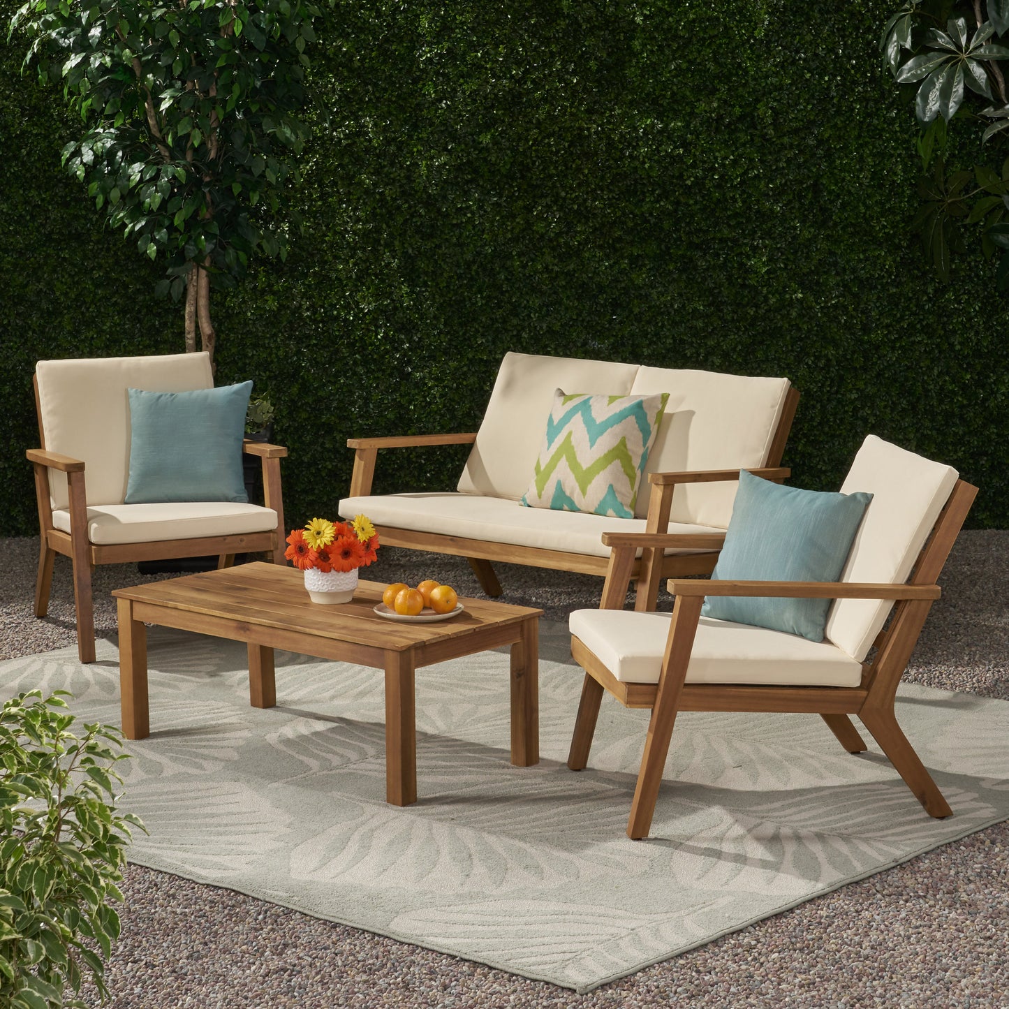 Avacyn Outdoor Acacia Wood 4 Seater Chat Set with Cushions