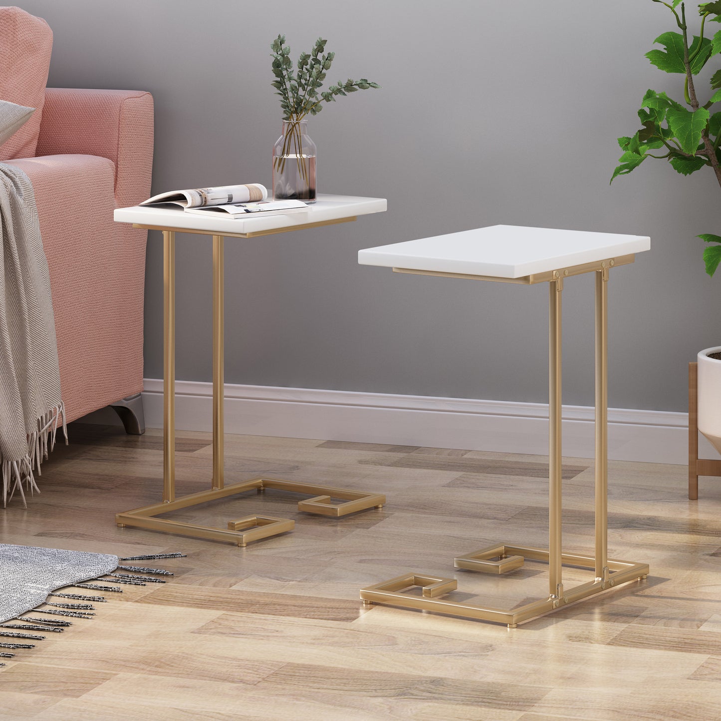 Ariade Modern Glam C Side Table, Set of 2, White and Champagne Gold
