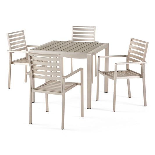 Cherie Outdoor Modern 4 Seater Aluminum Dining Set with Faux Wood Table Top