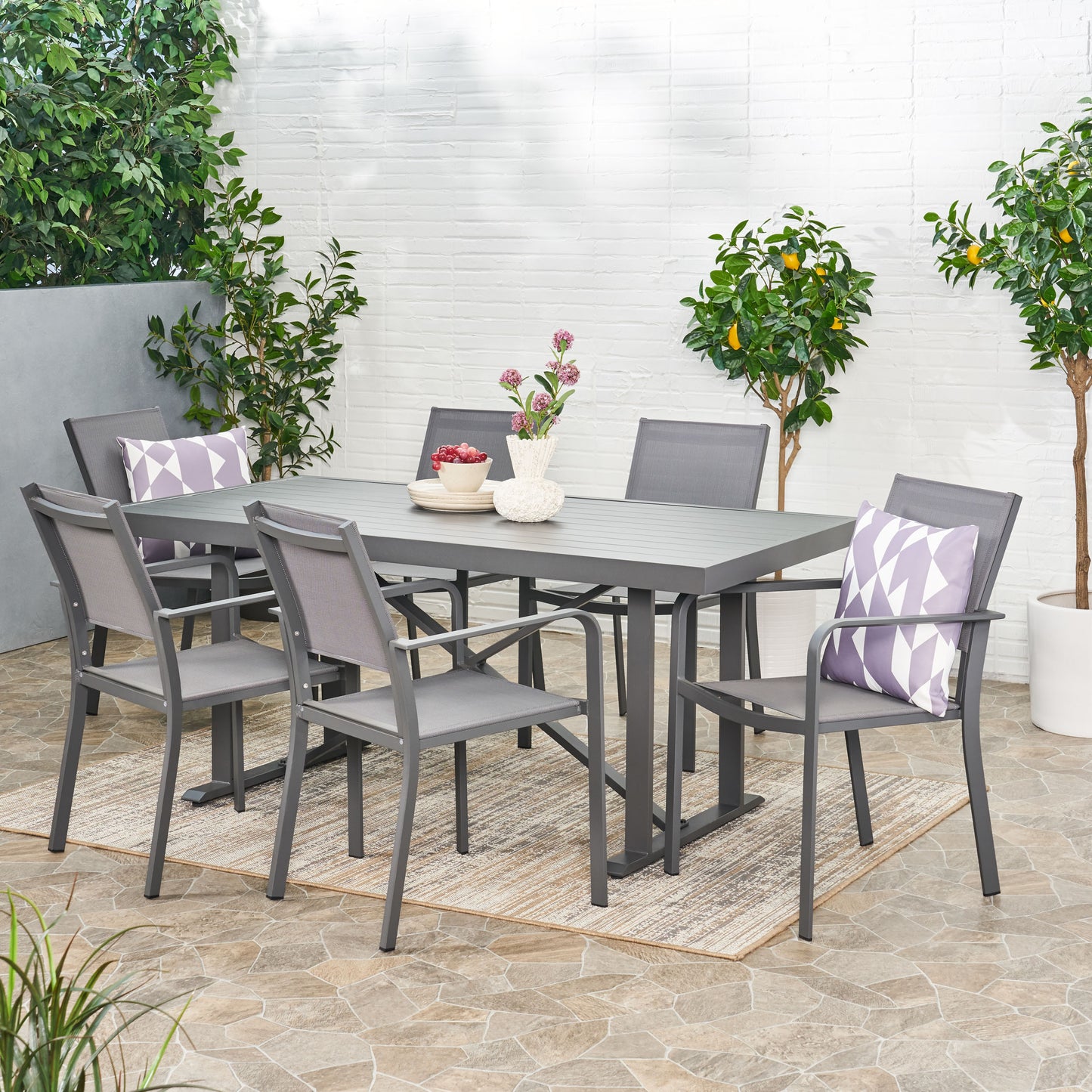 Atkinson Outdoor Modern Industrial Aluminum 7 Piece Dining Set with Mesh Seating