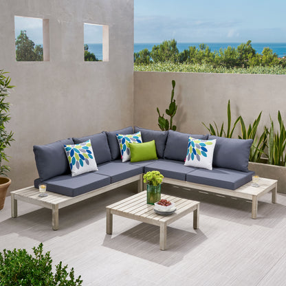 Vashti Outdoor 5 Seater V Shaped Acacia Wood Sectional Sofa Set with Cushions