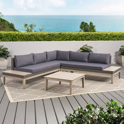 Emanuel Outdoor Acacia Wood and Wicker 5 Seater Sectional Sofa Set with Water-Resistant Cushions