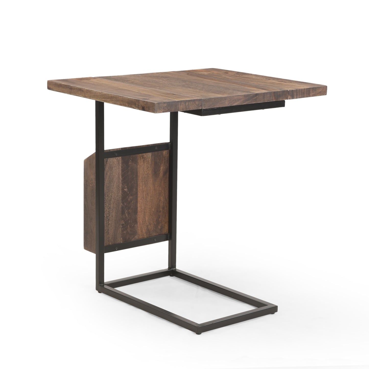 Ayzen Modern Industrial Mango Wood Adjustable C-Shaped End Table with Magazine Rack